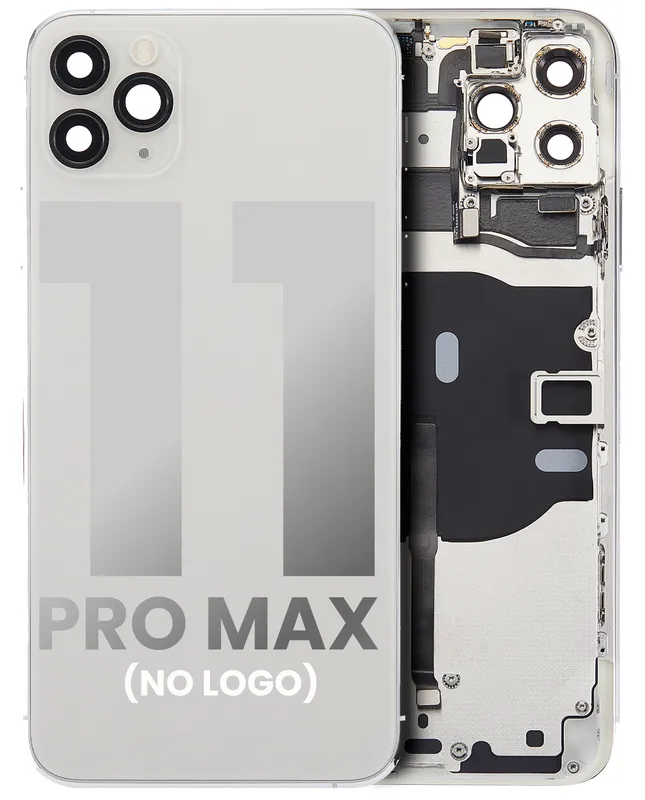 Zadní kryt (housing) s drobnými součástkami (předinstalováno) pro iPhone 11 Pro Max (bez loga) (Aftermarket Plus) (stříbrná)