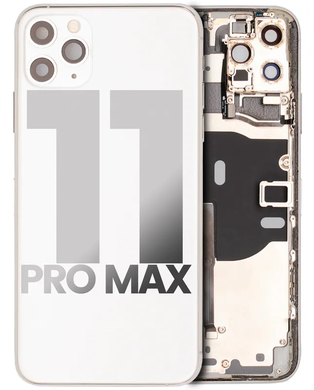 Zadní kryt (housing) s drobnými součástkami (předinstalováno) pro iPhone 11 Pro Max (originál z vyřazeného zařízení, stav C) (stříbrná)
