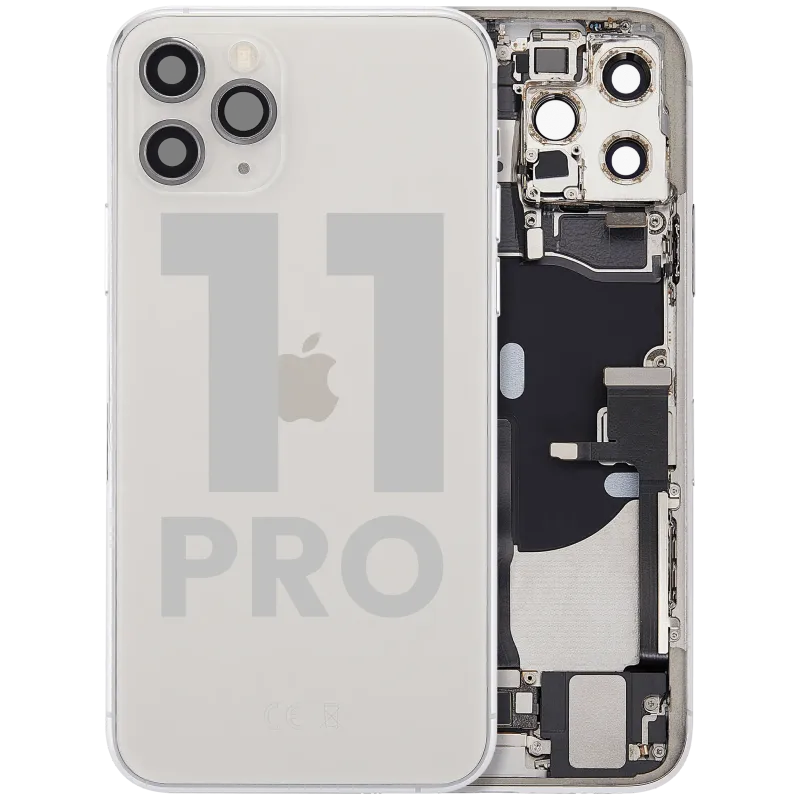 Zadní kryt (housing) s flexem nabíjecího konektoru a drobnými díly pro iPhone 11 Pro (originál z vyřazeného zařízení, stav A) (stříbrná)