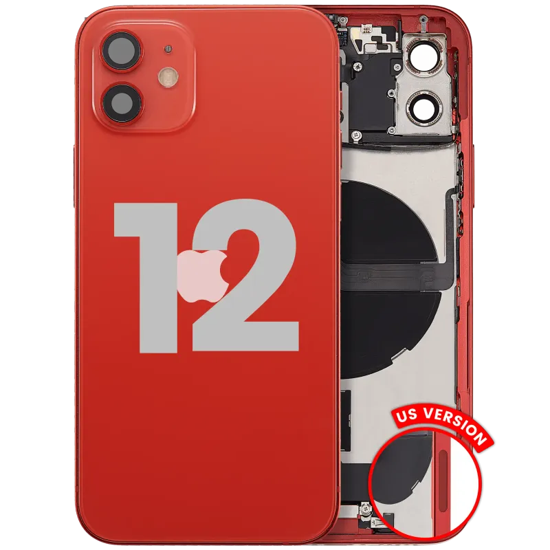 Zadní kryt (housing) s flexem nabíjecího konektoru a drobnými díly pro iPhone 12 (US verze) (originál z vyřazeného zařízení, stav C) (červená)