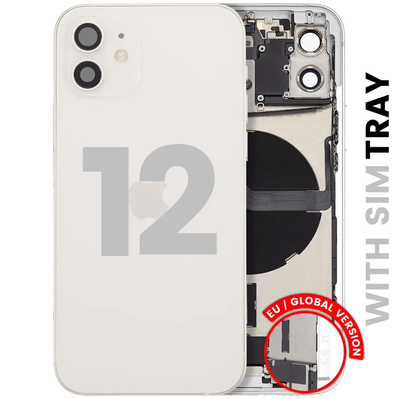 Zadní kryt (housing) s flexem nabíjecího konektoru a drobnými díly pro iPhone 12 (EU verze) (originál z vyřazeného zařízení, stav A) (bílá)