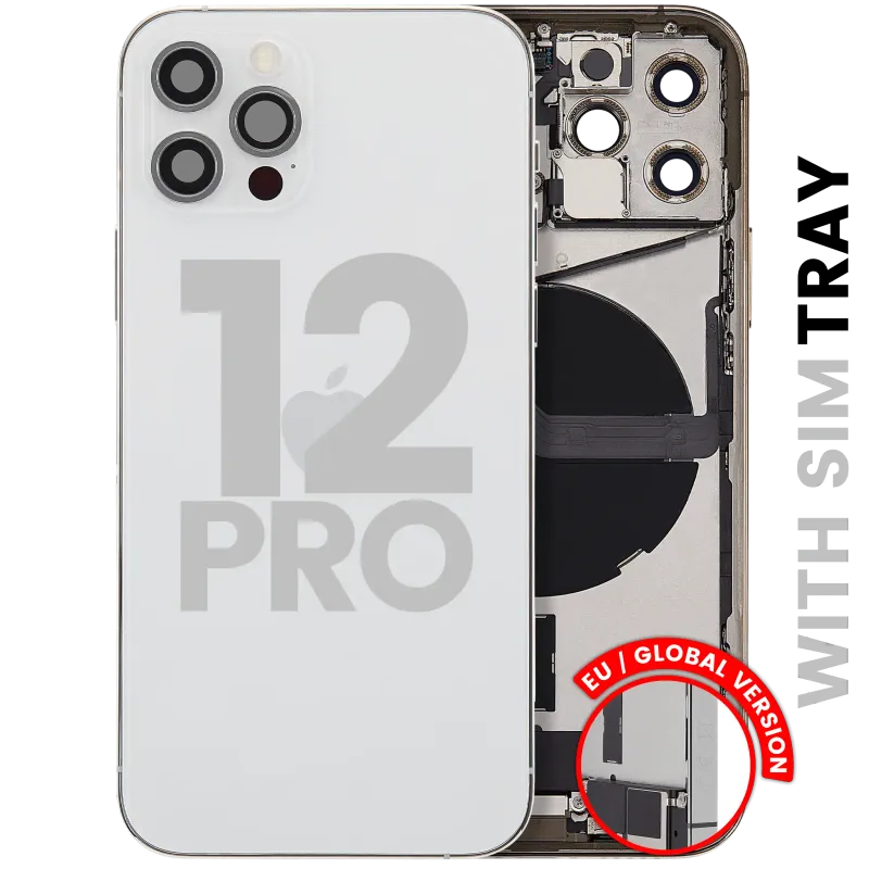 Zadní kryt (housing) s flexem nabíjecího konektoru a drobnými díly pro iPhone 12 Pro (EU verze) (originál z vyřazeného zařízení, stav C) (stříbrná)