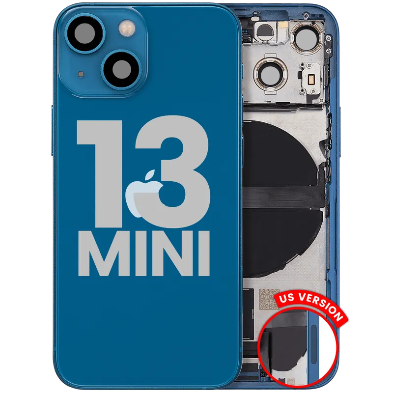 Zadní kryt (housing) s flexem nabíjecího konektoru a drobnými díly pro iPhone 13 mini (US verze) (originál z vyřazeného zařízení, stav A) (modrá)