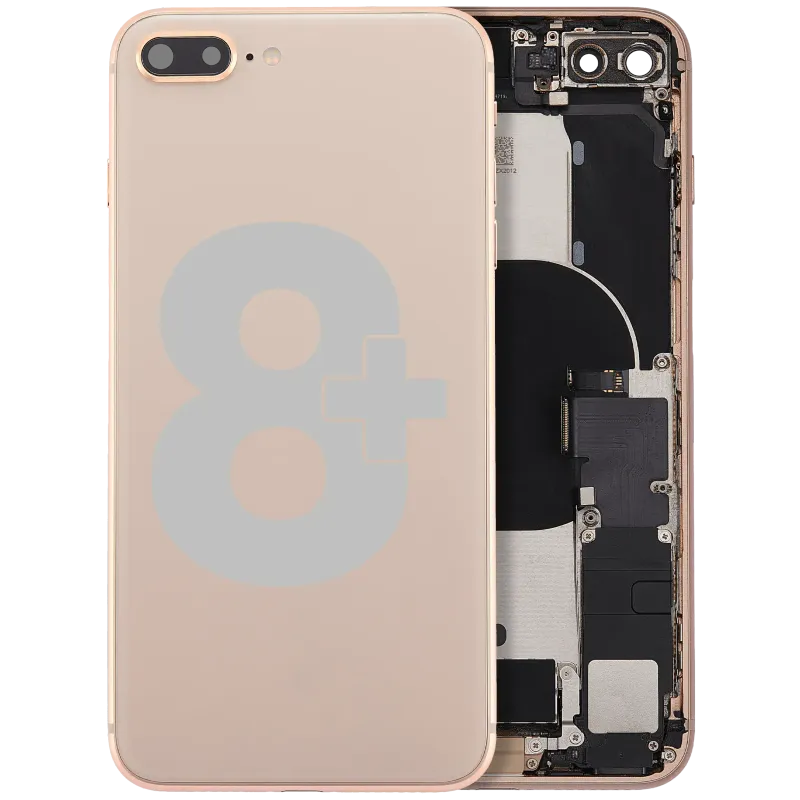 Zadní kryt (housing) s flexem nabíjecího konektoru a drobnými součástkami (předinstalováno) pro iPhone 8 Plus (originál z vyřazeného zařízení, stav B) (zlatá)