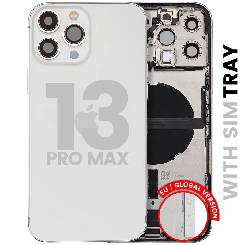 Zadní kryt (housing) s flexem nabíjecího konektoru a drobnými díly pro iPhone 13 Pro Max (EU verze) (originál z vyřazeného zařízení, stav A) (stříbrná)