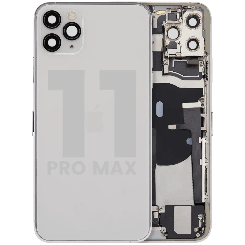Zadní kryt (housing) s flexem nabíjecího konektoru a drobnými díly pro iPhone 11 Pro Max (originál z vyřazeného zařízení, stav C) (stříbrná)