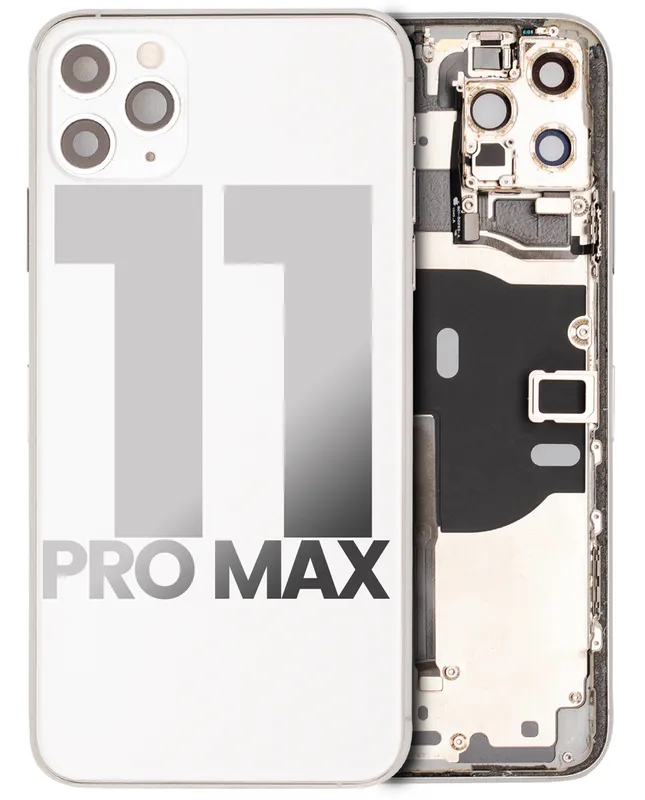 Zadní kryt (housing) s drobnými součástkami (předinstalováno) pro iPhone 11 Pro Max (originál z vyřazeného zařízení, stav B) (stříbrná)