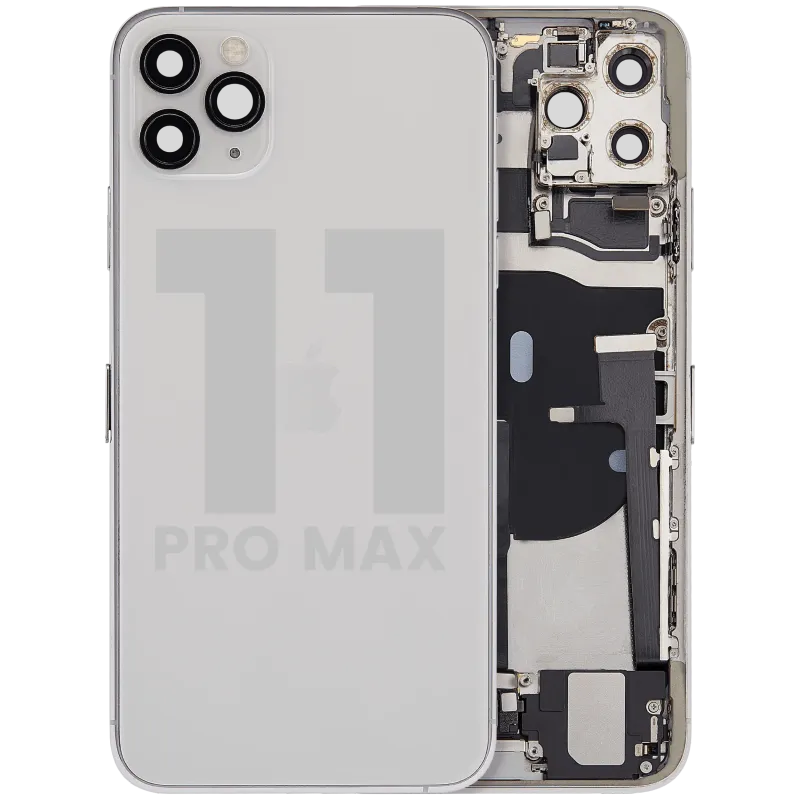 Zadní kryt (housing) s flexem nabíjecího konektoru a drobnými díly pro iPhone 11 Pro Max (originál z vyřazeného zařízení, stav B) (stříbrná)
