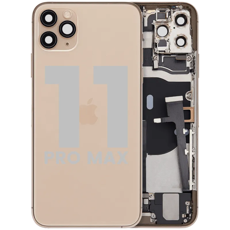 Zadní kryt (housing) s flexem nabíjecího konektoru a drobnými díly pro iPhone 11 Pro Max (originál z vyřazeného zařízení, stav B) (zlatá)