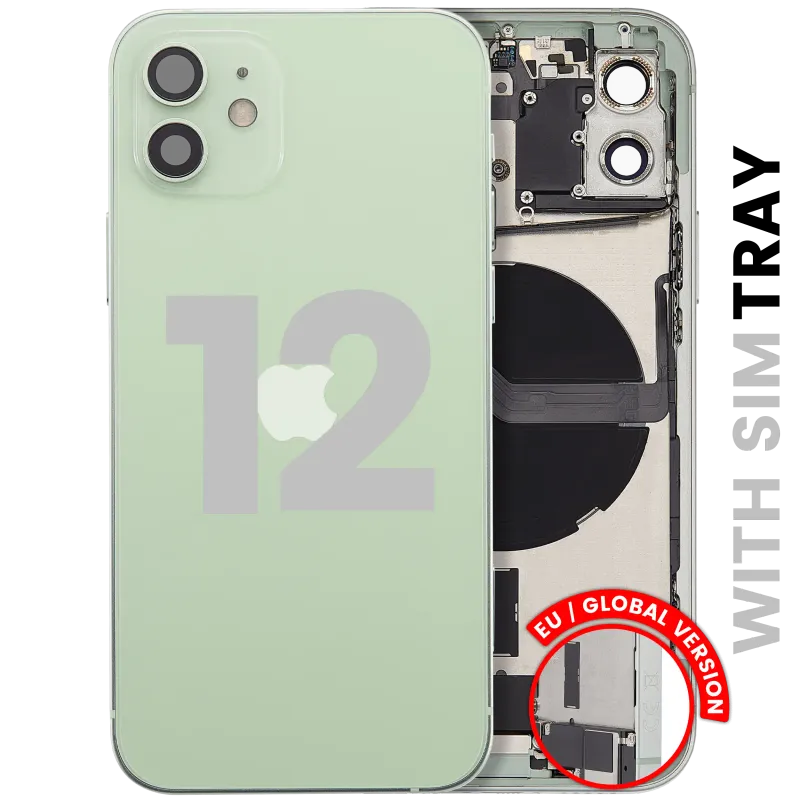 Zadní kryt (housing) s flexem nabíjecího konektoru a drobnými díly pro iPhone 12 (EU verze) (originál z vyřazeného zařízení, stav C) (zelená)