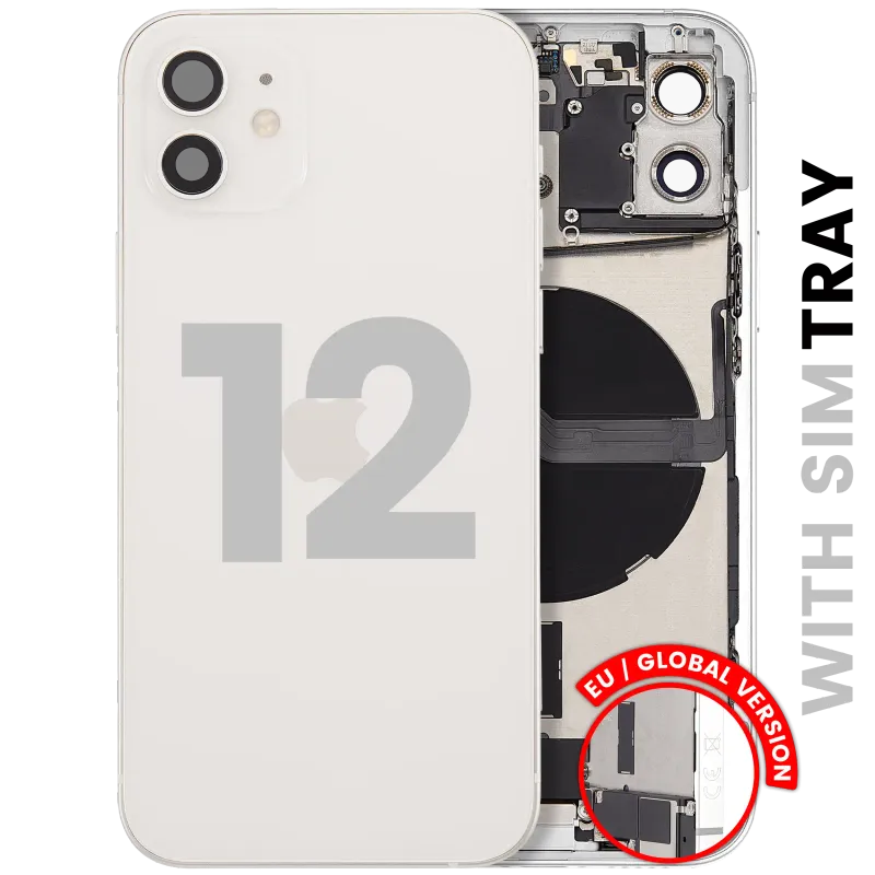 Zadní kryt (housing) s flexem nabíjecího konektoru a drobnými díly pro iPhone 12 (EU verze) (originál z vyřazeného zařízení, stav C) (bílá)