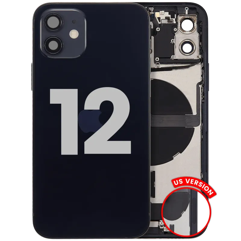 Zadní kryt (housing) s flexem nabíjecího konektoru a drobnými díly pro iPhone 12 (US verze) (originál z vyřazeného zařízení, stav C) (černá)