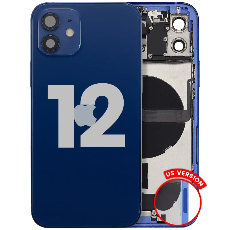Zadní kryt (housing) s flexem nabíjecího konektoru a drobnými díly pro iPhone 12 (US verze) (originál z vyřazeného zařízení, stav C) (modrá)