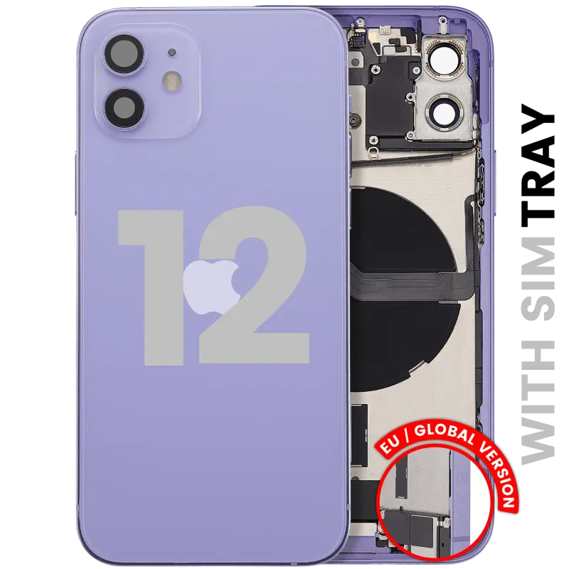 Zadní kryt (housing) s flexem nabíjecího konektoru a drobnými díly pro iPhone 12 (EU verze) (originál z vyřazeného zařízení, stav C) (fialová)
