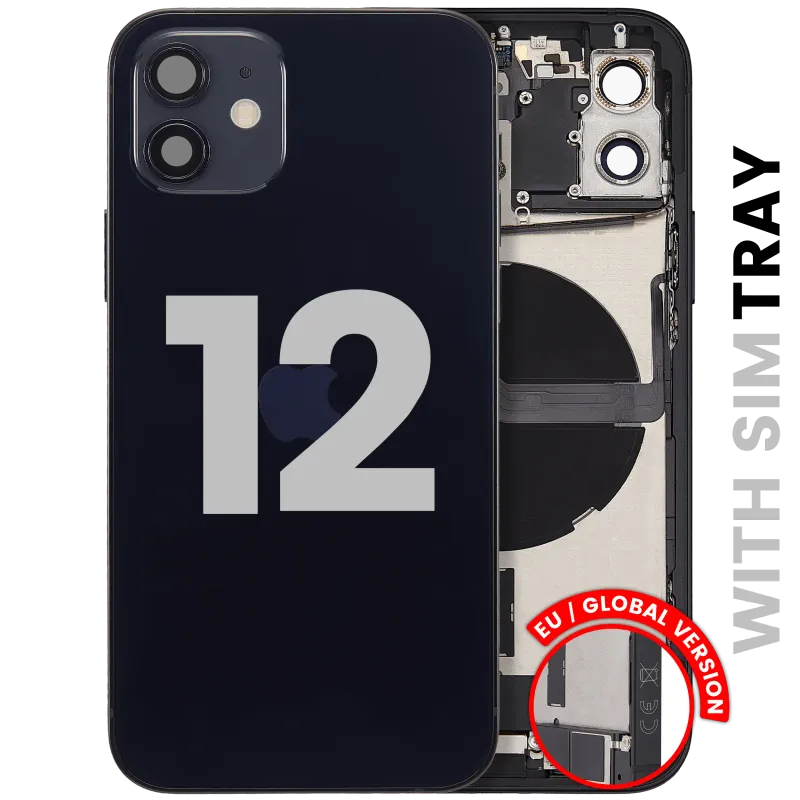 Zadní kryt (housing) s flexem nabíjecího konektoru a drobnými díly pro iPhone 12 (EU verze) (originál z vyřazeného zařízení, stav C) (černá)