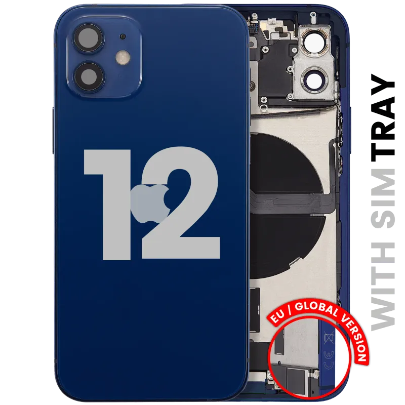 Zadní kryt (housing) s flexem nabíjecího konektoru a drobnými díly pro iPhone 12 (EU verze) (originál z vyřazeného zařízení, stav C) (modrá)