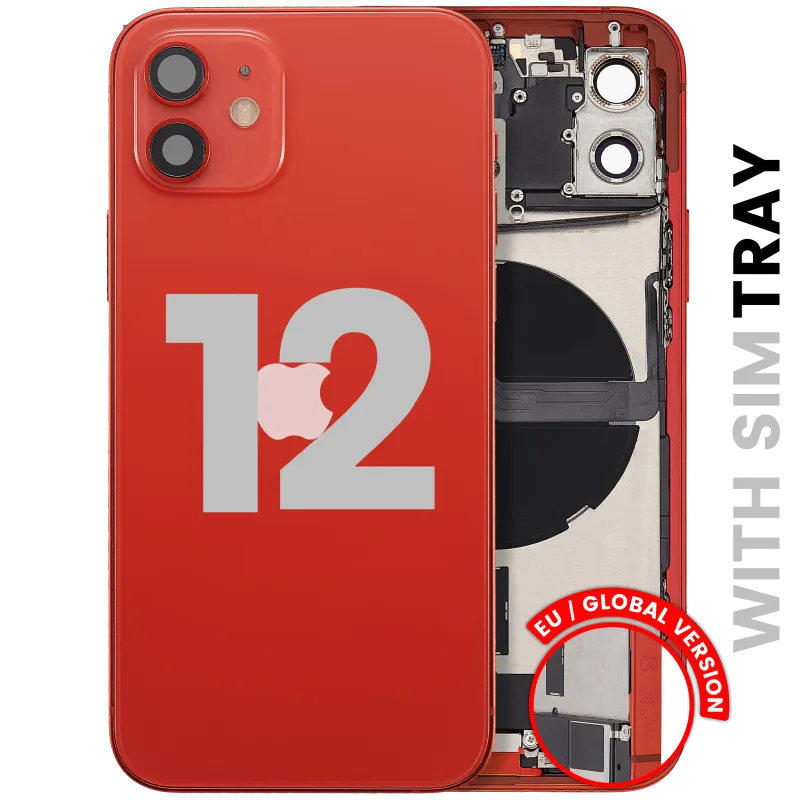 Zadní kryt (housing) s flexem nabíjecího konektoru a drobnými díly pro iPhone 12 (EU verze) (originál z vyřazeného zařízení, stav B) (červená)