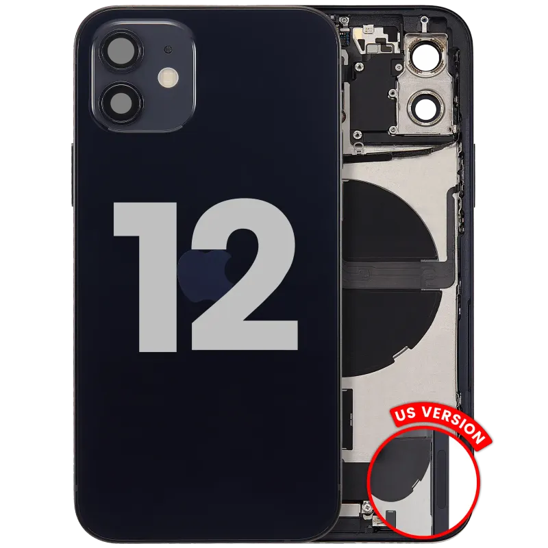 Zadní kryt (housing) s flexem nabíjecího konektoru a drobnými díly pro iPhone 12 (US verze) (originál z vyřazeného zařízení, stav B) (černá)
