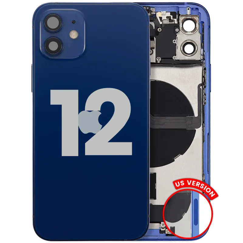 Zadní kryt (housing) s flexem nabíjecího konektoru a drobnými díly pro iPhone 12 (US verze) (originál z vyřazeného zařízení, stav B) (modrá)