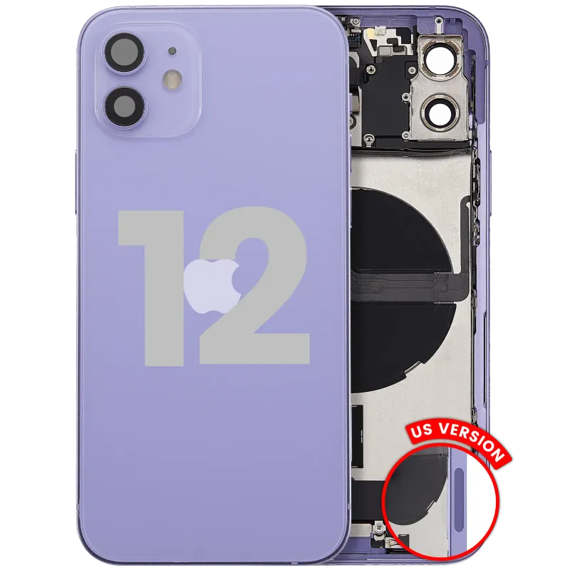 Zadní kryt (housing) s flexem nabíjecího konektoru a drobnými díly pro iPhone 12 (US verze) (originál z vyřazeného zařízení, stav B) (fialová)