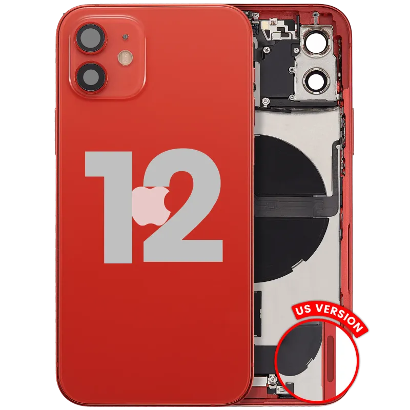 Zadní kryt (housing) s flexem nabíjecího konektoru a drobnými díly pro iPhone 12 (US verze) (originál z vyřazeného zařízení, stav B) (červená)