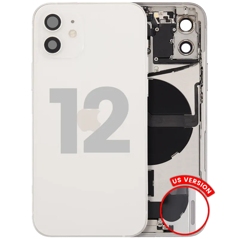Zadní kryt (housing) s flexem nabíjecího konektoru a drobnými díly pro iPhone 12 (US verze) (originál z vyřazeného zařízení, stav B) (bílá)