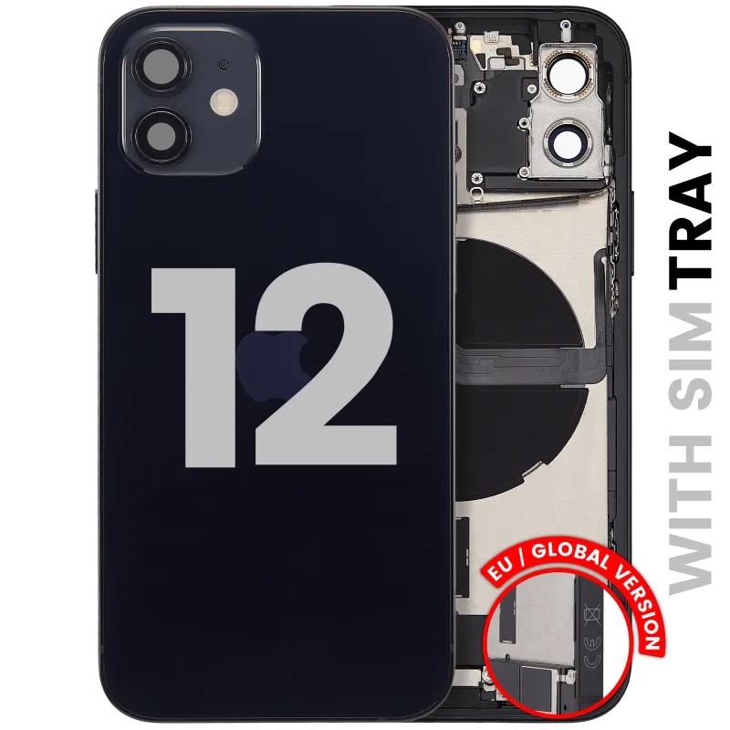 Zadní kryt (housing) s flexem nabíjecího konektoru a drobnými díly pro iPhone 12 (EU verze) (originál z vyřazeného zařízení, stav B) (černá)