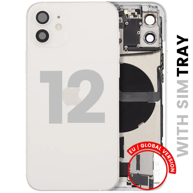Zadní kryt (housing) s flexem nabíjecího konektoru a drobnými díly pro iPhone 12 (EU verze) (originál z vyřazeného zařízení, stav B) (bílá)