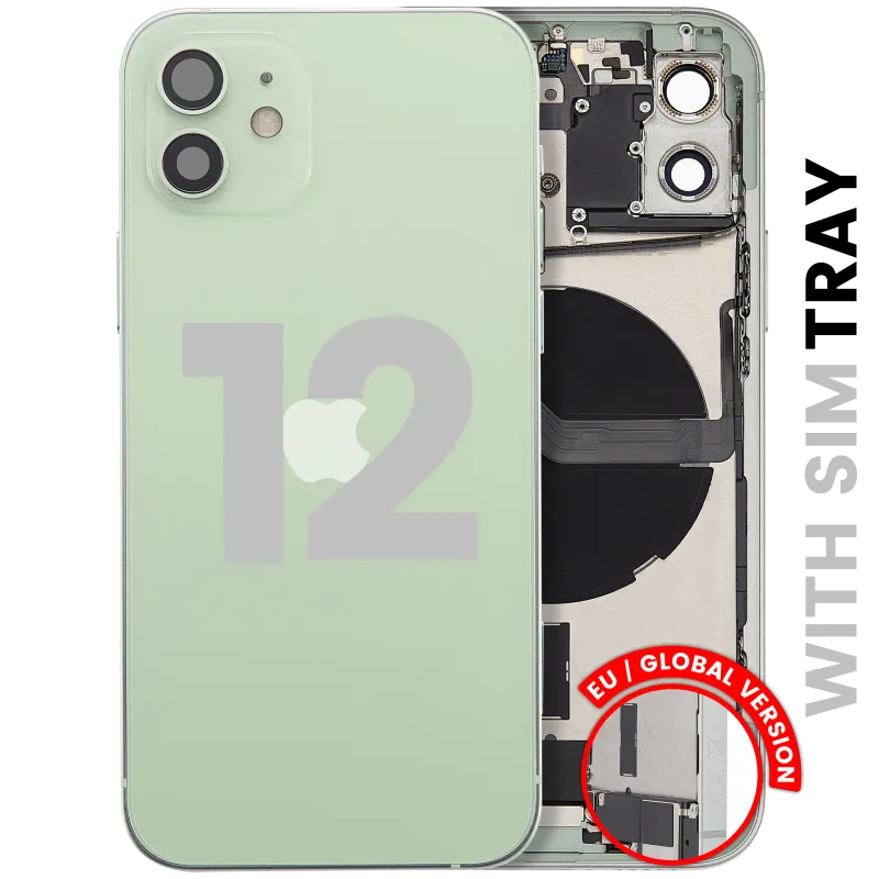 Zadní kryt (housing) s flexem nabíjecího konektoru a drobnými díly pro iPhone 12 (EU verze) (originál z vyřazeného zařízení, stav B) (zelená)