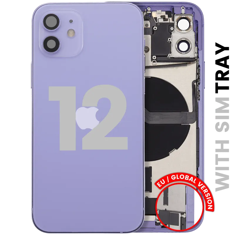 Zadní kryt (housing) s flexem nabíjecího konektoru a drobnými díly pro iPhone 12 (EU verze) (originál z vyřazeného zařízení, stav B) (fialová)