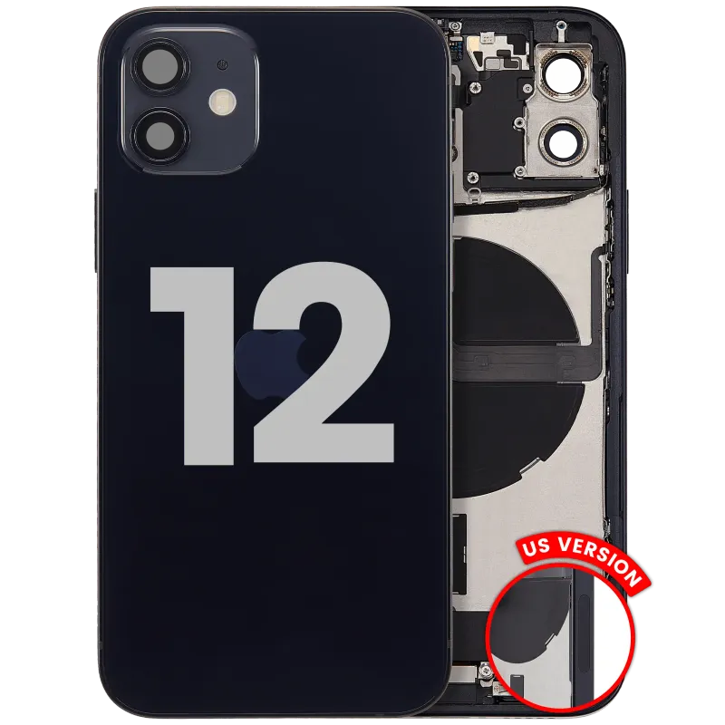 Zadní kryt (housing) s flexem nabíjecího konektoru a drobnými díly pro iPhone 12 (US verze) (originál z vyřazeného zařízení, stav A) (černá)