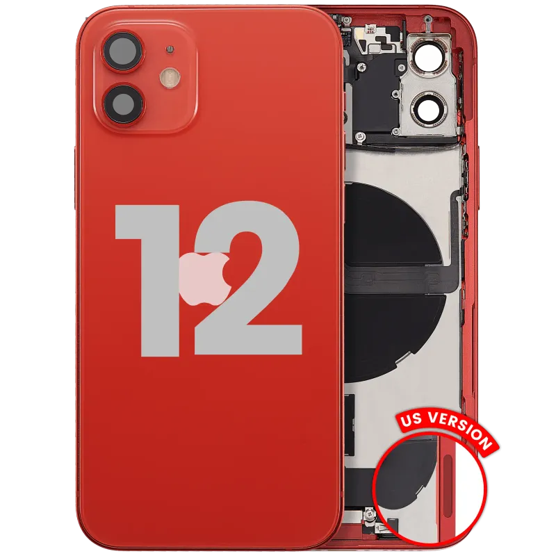 Zadní kryt (housing) s flexem nabíjecího konektoru a drobnými díly pro iPhone 12 (US verze) (originál z vyřazeného zařízení, stav A) (červená)