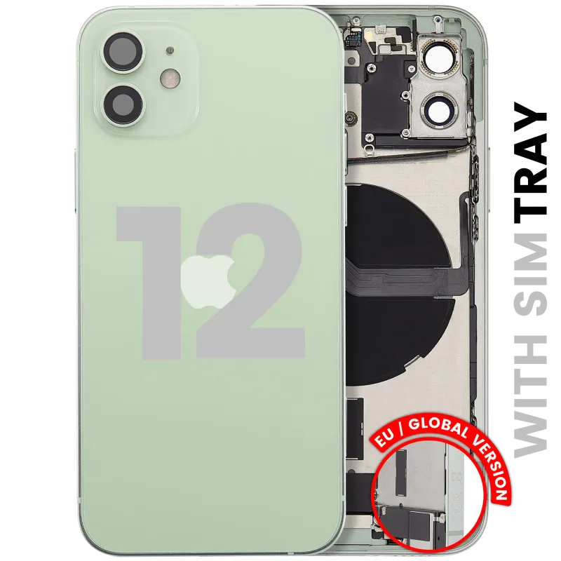Zadní kryt (housing) s flexem nabíjecího konektoru a drobnými díly pro iPhone 12 (EU verze) (originál z vyřazeného zařízení, stav A) (zelená)