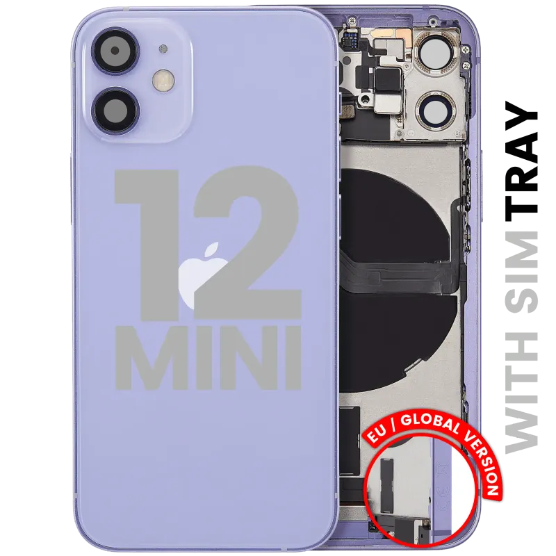 Zadní kryt (housing) s flexem nabíjecího konektoru a drobnými díly pro iPhone 12 mini (EU verze) (originál z vyřazeného zařízení, stav C) (fialová)