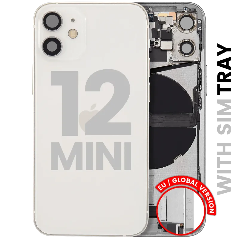 Zadní kryt (housing) s flexem nabíjecího konektoru a drobnými díly pro iPhone 12 mini (EU verze) (originál z vyřazeného zařízení, stav C) (bílá)