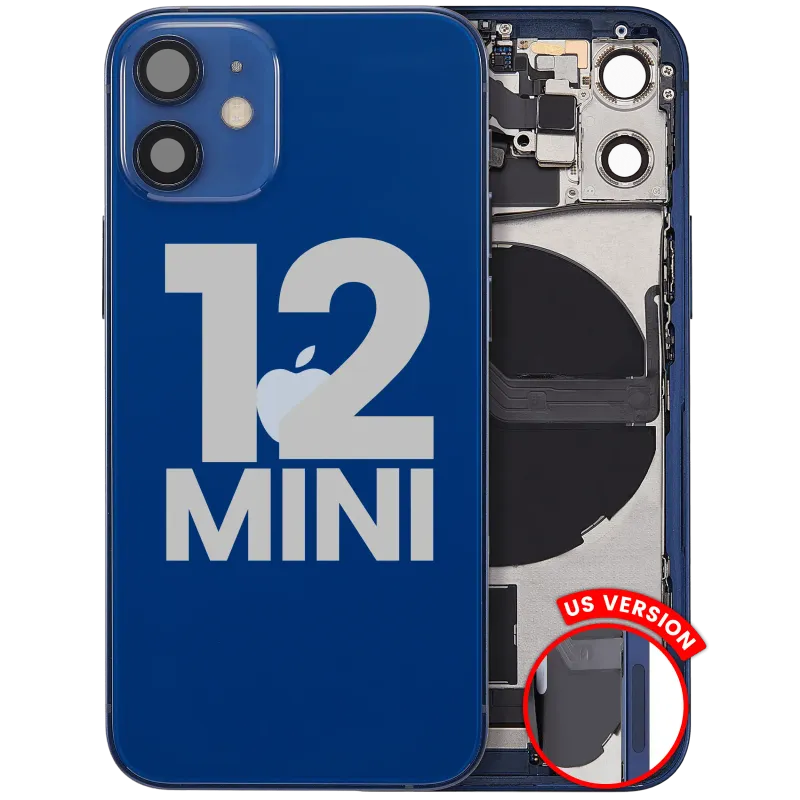 Zadní kryt (housing) s flexem nabíjecího konektoru a drobnými díly pro iPhone 12 mini (US verze) (originál z vyřazeného zařízení, stav C) (modrá)
