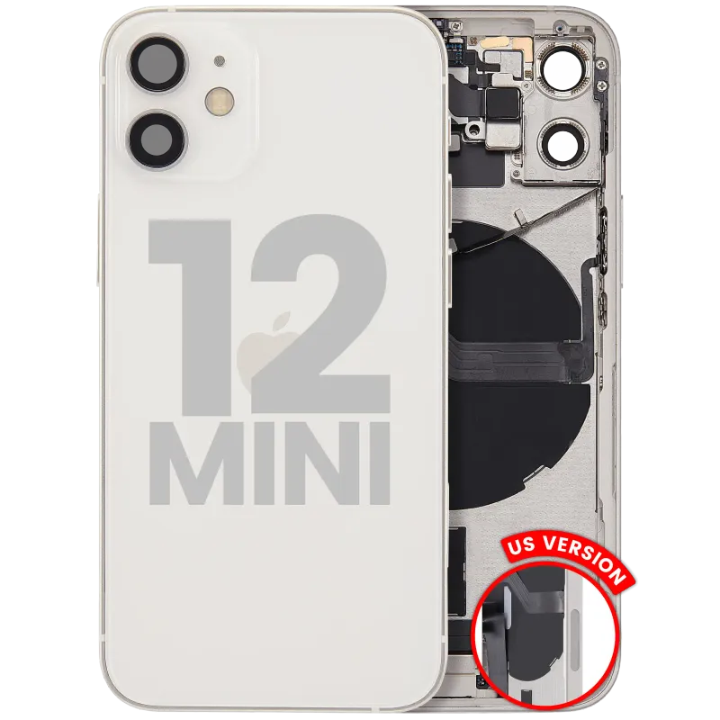 Zadní kryt (housing) s flexem nabíjecího konektoru a drobnými díly pro iPhone 12 mini (US verze) (originál z vyřazeného zařízení, stav C) (bílá)