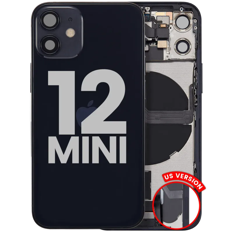 Zadní kryt (housing) s flexem nabíjecího konektoru a drobnými díly pro iPhone 12 mini (US verze) (originál z vyřazeného zařízení, stav C) (černá)