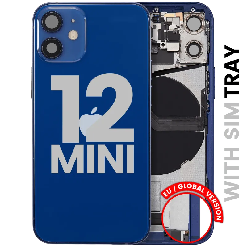 Zadní kryt (housing) s flexem nabíjecího konektoru a drobnými díly pro iPhone 12 mini (EU verze) (originál z vyřazeného zařízení, stav C) (modrá)