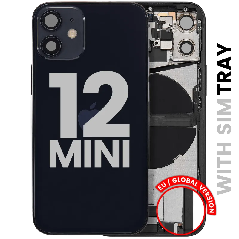 Zadní kryt (housing) s flexem nabíjecího konektoru a drobnými díly pro iPhone 12 mini (EU verze) (originál z vyřazeného zařízení, stav B) (černá)