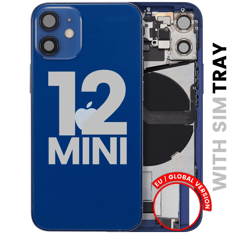 Zadní kryt (housing) s flexem nabíjecího konektoru a drobnými díly pro iPhone 12 mini (EU verze) (originál z vyřazeného zařízení, stav B) (modrá)