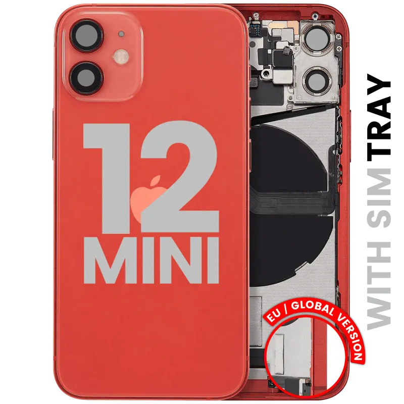 Zadní kryt (housing) s flexem nabíjecího konektoru a drobnými díly pro iPhone 12 mini (EU verze) (originál z vyřazeného zařízení, stav B) (červená)