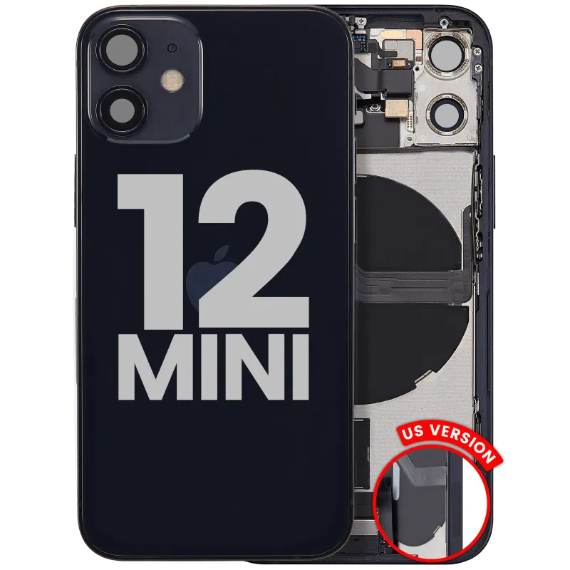 Zadní kryt (housing) s flexem nabíjecího konektoru a drobnými díly pro iPhone 12 mini (US verze) (originál z vyřazeného zařízení, stav B) (černá)