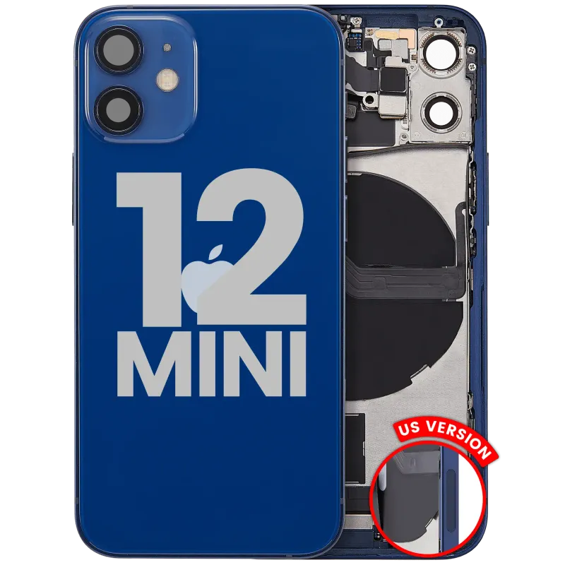 Zadní kryt (housing) s flexem nabíjecího konektoru a drobnými díly pro iPhone 12 mini (US verze) (originál z vyřazeného zařízení, stav B) (modrá)