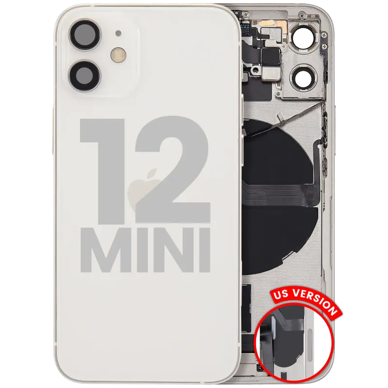 Zadní kryt (housing) s flexem nabíjecího konektoru a drobnými díly pro iPhone 12 mini (US verze) (originál z vyřazeného zařízení, stav B) (bílá)