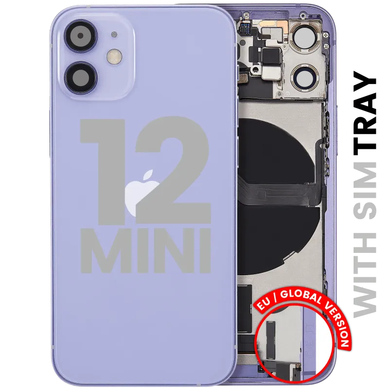 Zadní kryt (housing) s flexem nabíjecího konektoru a drobnými díly pro iPhone 12 mini (EU verze) (originál z vyřazeného zařízení, stav A) (fialová)