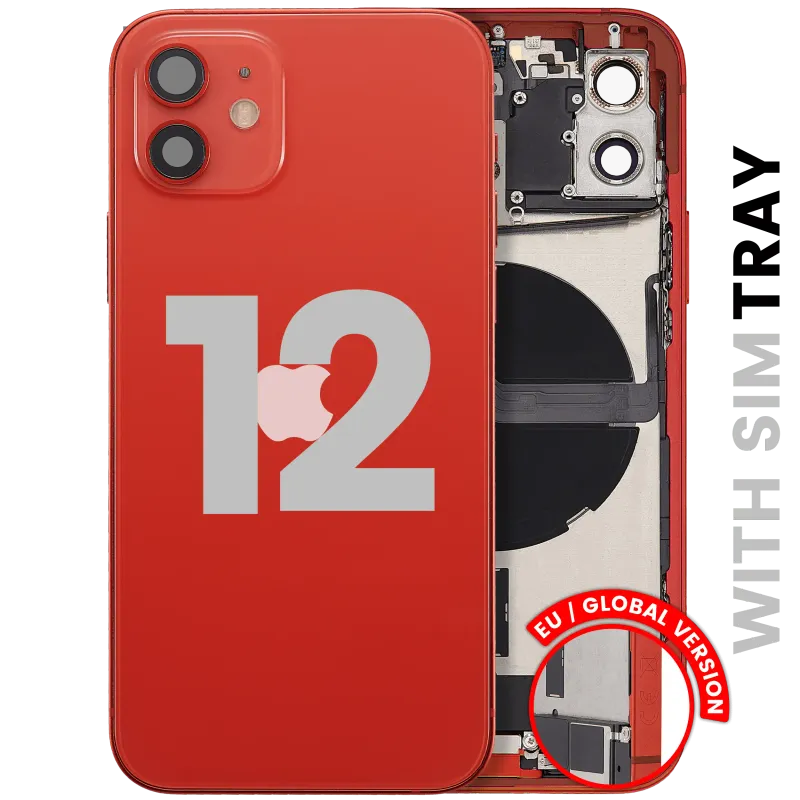 Zadní kryt (housing) s flexem nabíjecího konektoru a drobnými díly pro iPhone 12 (EU verze) (originál z vyřazeného zařízení, stav C) (červená)