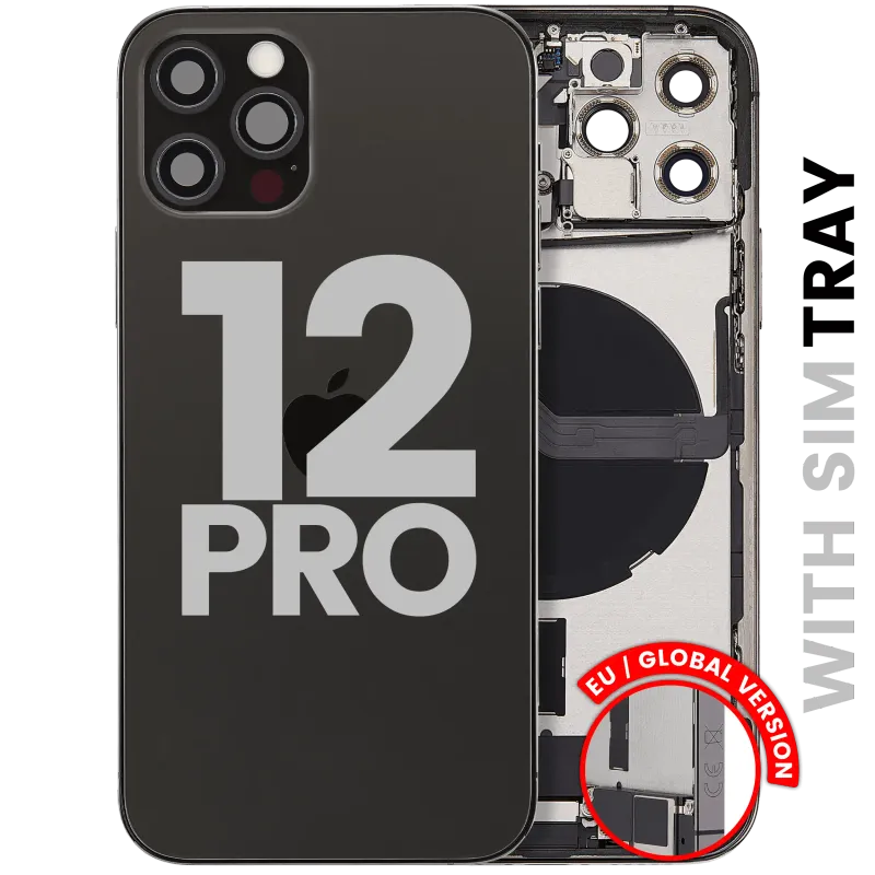 Zadní kryt (housing) s flexem nabíjecího konektoru a drobnými díly pro iPhone 12 Pro (EU verze) (originál z vyřazeného zařízení, stav C) (grafitová)