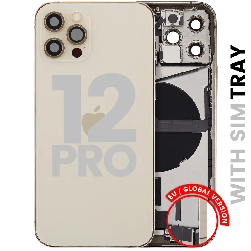Zadní kryt (housing) s flexem nabíjecího konektoru a drobnými díly pro iPhone 12 Pro (EU verze) (originál z vyřazeného zařízení, stav C) (zlatá)