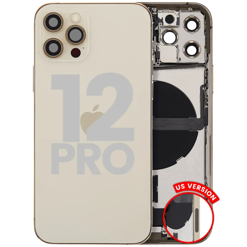 Zadní kryt (housing) s flexem nabíjecího konektoru a drobnými díly pro iPhone 12 Pro (US verze) (originál z vyřazeného zařízení, stav C) (zlatá)
